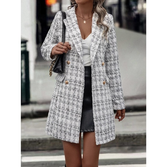 Plazacore Plaid print Double Breasted Tweed Overcoat peacoat pea coat - Picture 3 of 6